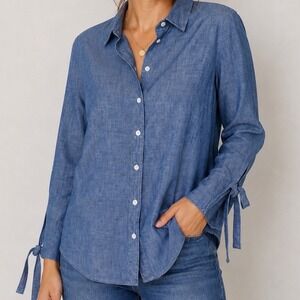 NWT Banana Republic Blue Denim Chambray Shirt Womens XS Boyfriend Fit Tie Sleeve